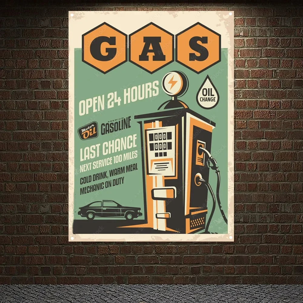 Auto Repair Shop Open - ヴィンテージカーサービスポスター,ガソリンスタンド,車の修理,壁の装飾バナー,壁画,ガレージのタペストリー,24時間営業