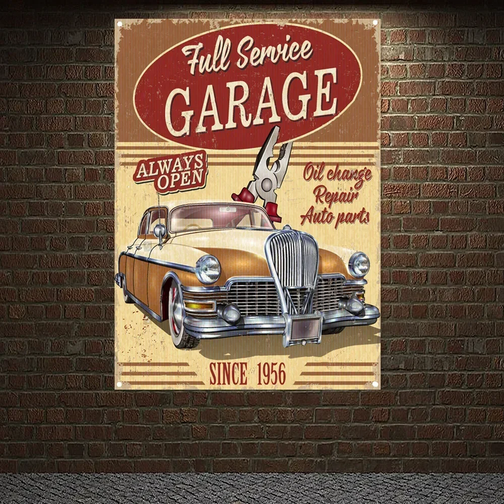Auto Repair Shop Open - 常に開いているガレージ ヴィンテージカーサービス ポスタータペストリー 自動車修理工場バナー 壁画 ガソリンスタンド