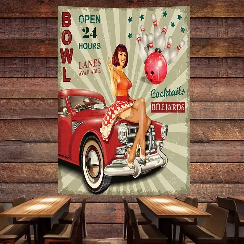 Auto Repair Shop Open - ボウルオープンヴィンテージ車のポスター、タペストリー、壁画、女の子の旗をピンナップ、壁画、壁画、庭、自動車修理、店、壁の装飾バナー、24時間